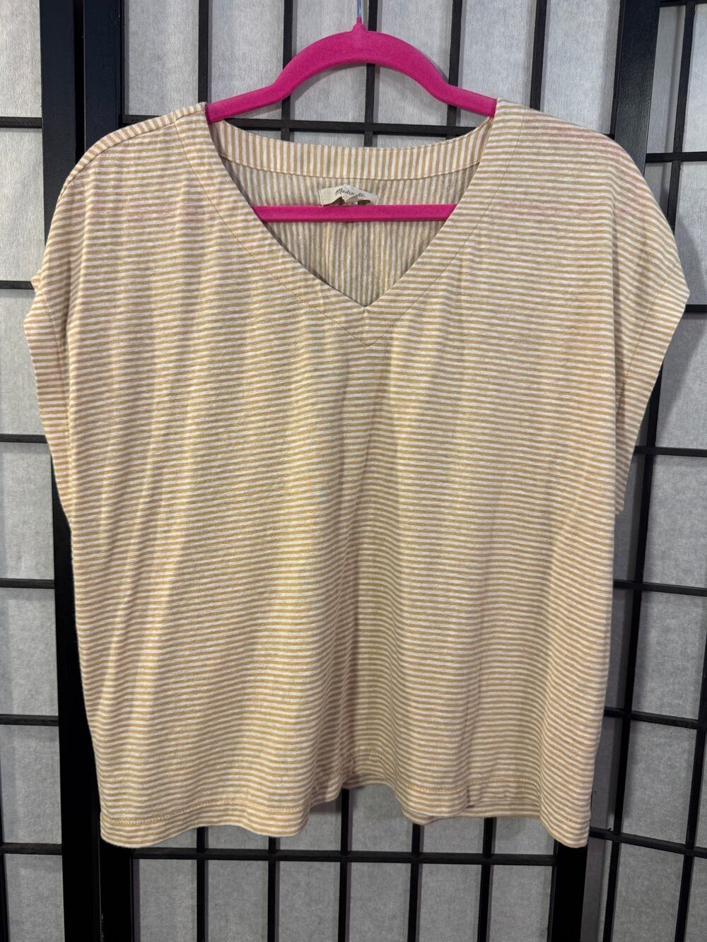 Madewell Yellow and White Striped V-Neck Short Sleeve Tee Shirt Size L